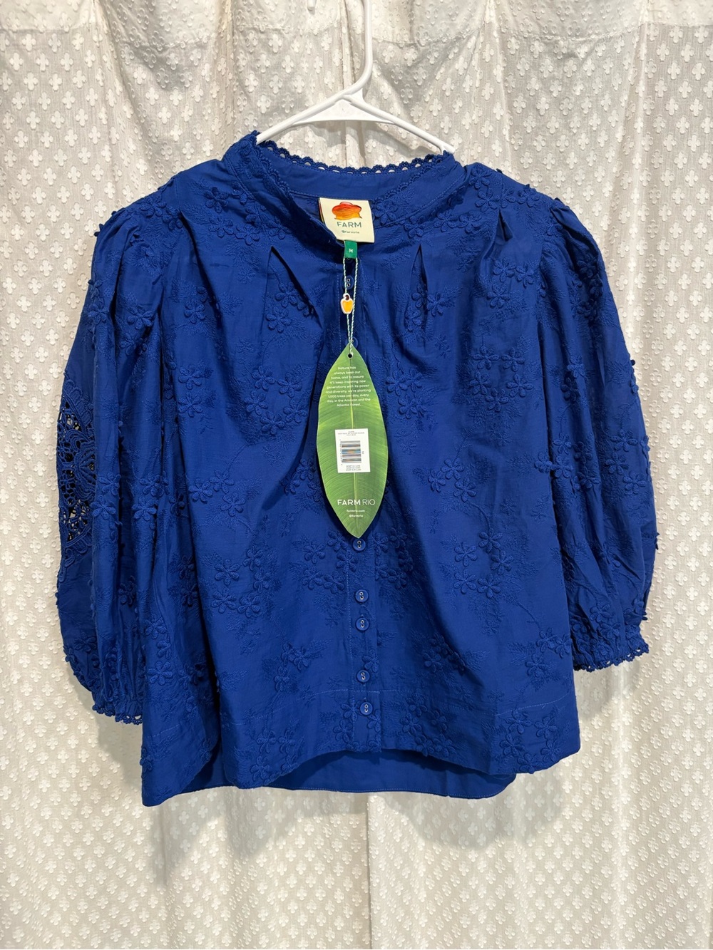 FARM Rio Cobalt Blue Puff-Sleeve Button Front Blouse - Picture 4 of 7